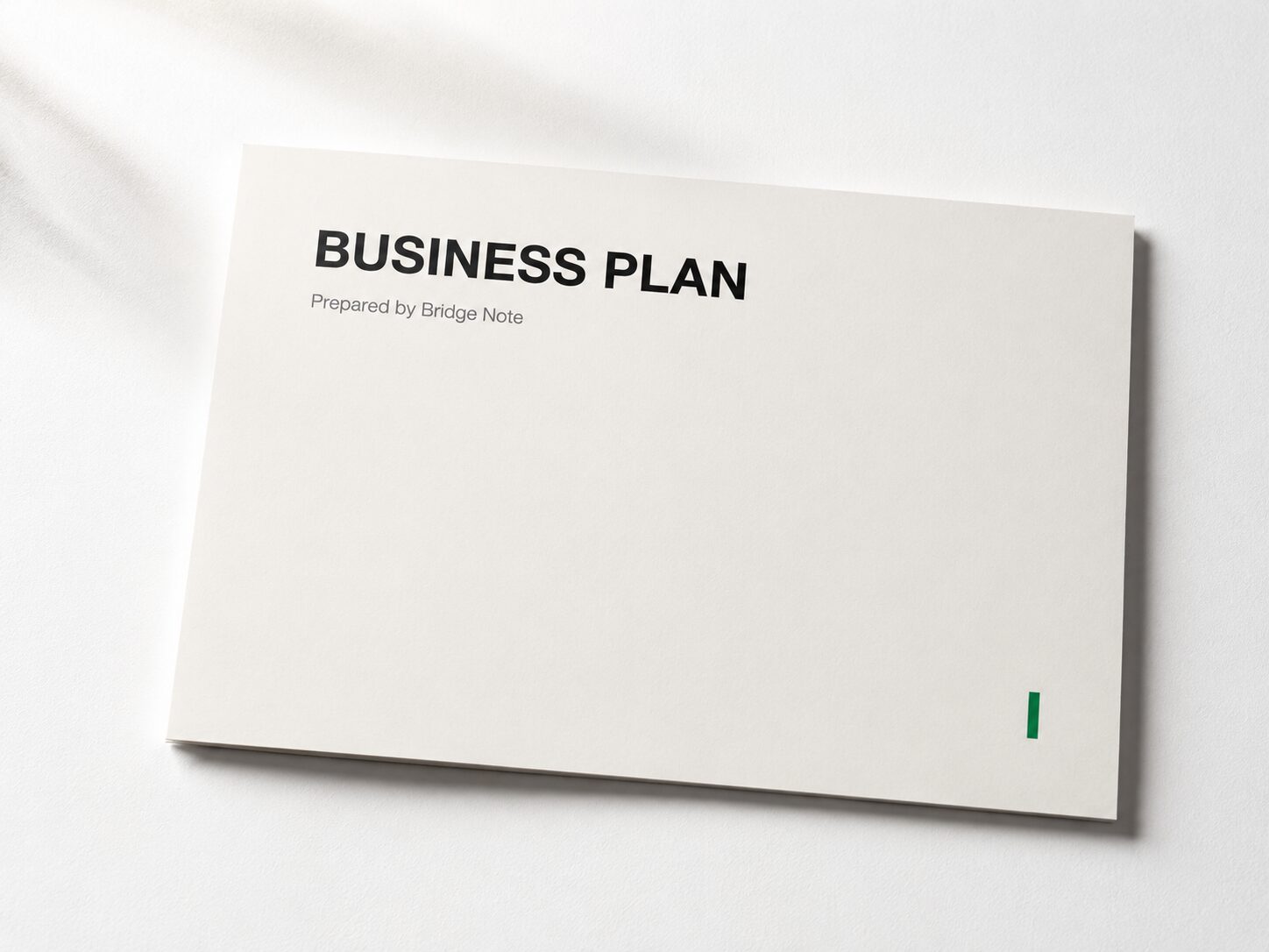 Business plan PDF cover page mockup with Bridge Note watermark