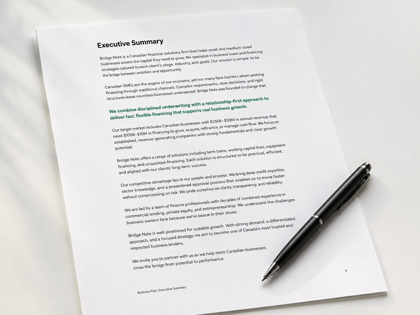 Executive summary one-pager formatted for Canadian lenders