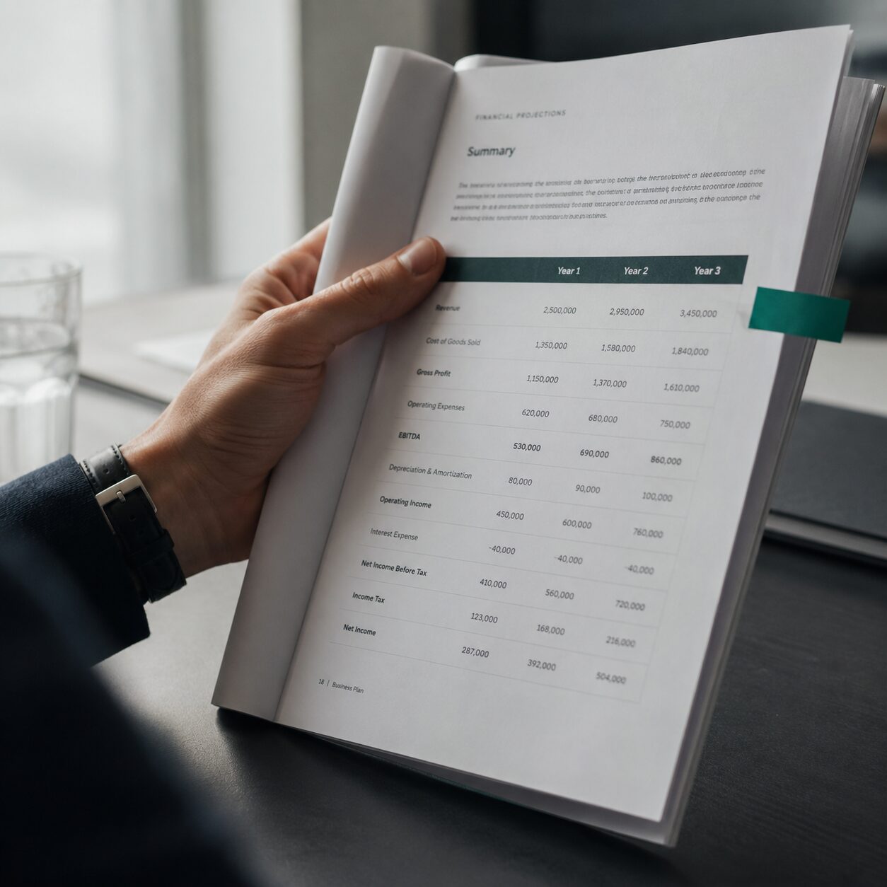 Hand holding a bound business plan with financial projections visible