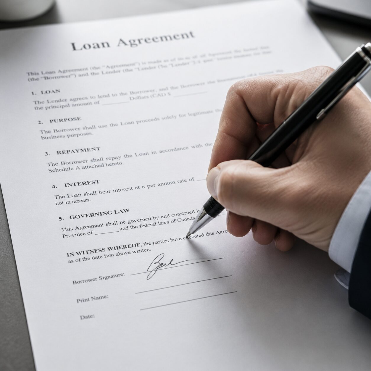 Hand signing a Canadian bank loan document